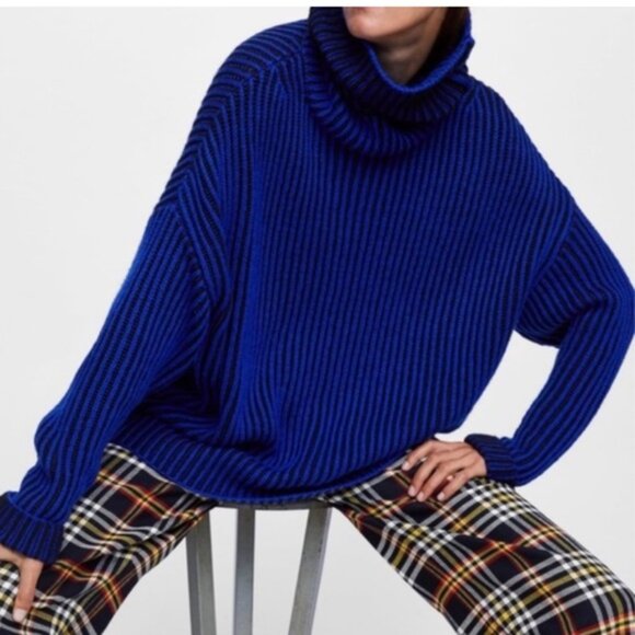 🇪🇸 ZARA oversized striped royal blue and black crop sweater size S - Picture 1 of 11